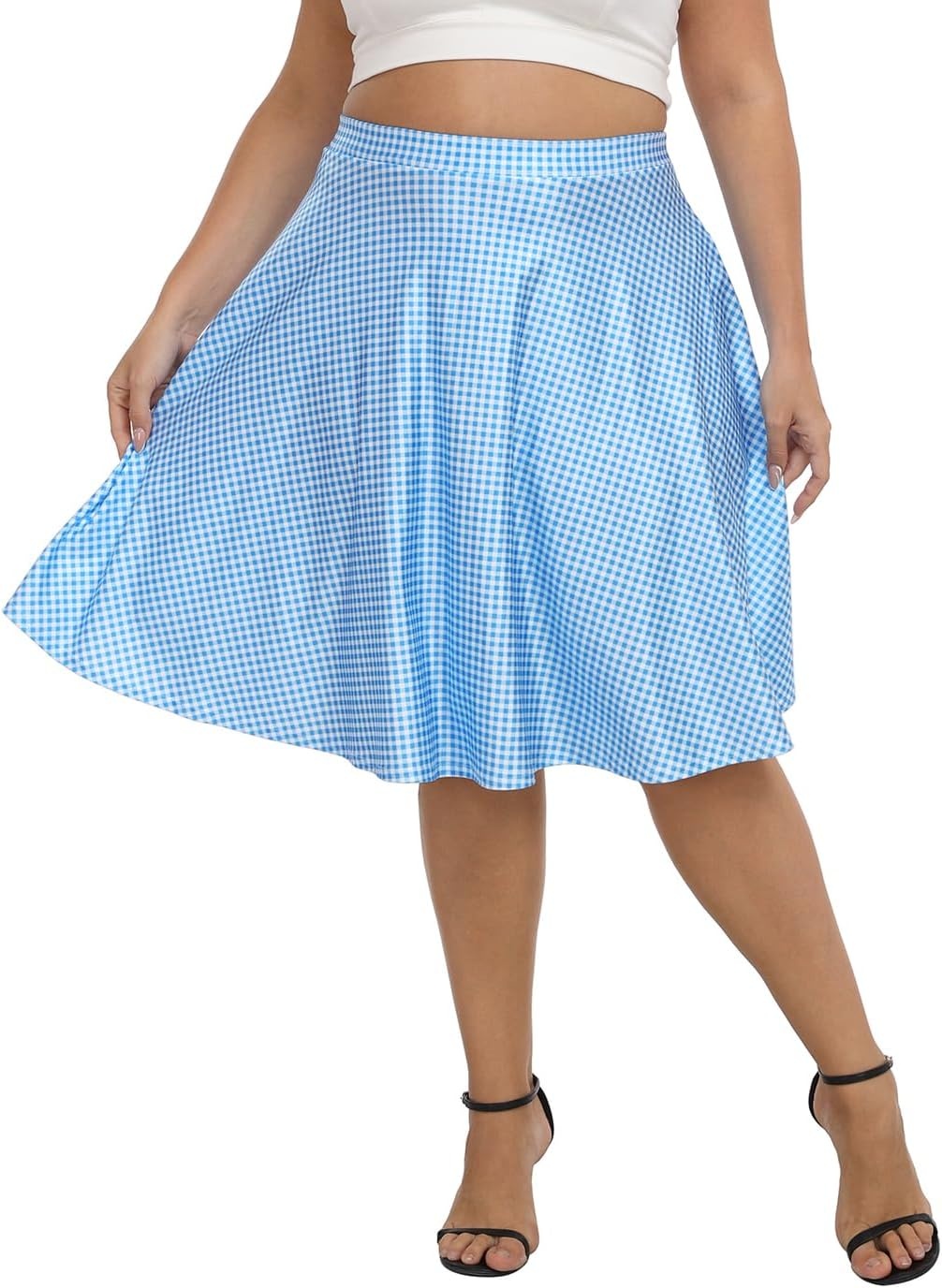 image:imageHDE Womens Plus Size Midi Skater Skirt High Waist Knee Length Skirt with PocketsBlue Gingham