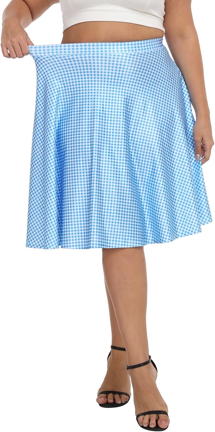 image:imageHDE Womens Plus Size Midi Skater Skirt High Waist Knee Length Skirt with PocketsBlue Gingham
