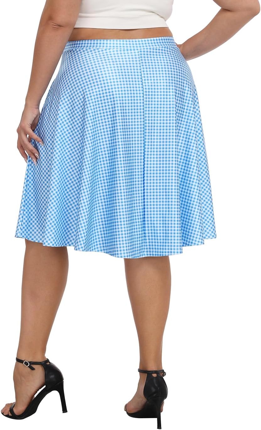 image:imageHDE Womens Plus Size Midi Skater Skirt High Waist Knee Length Skirt with PocketsBlue Gingham