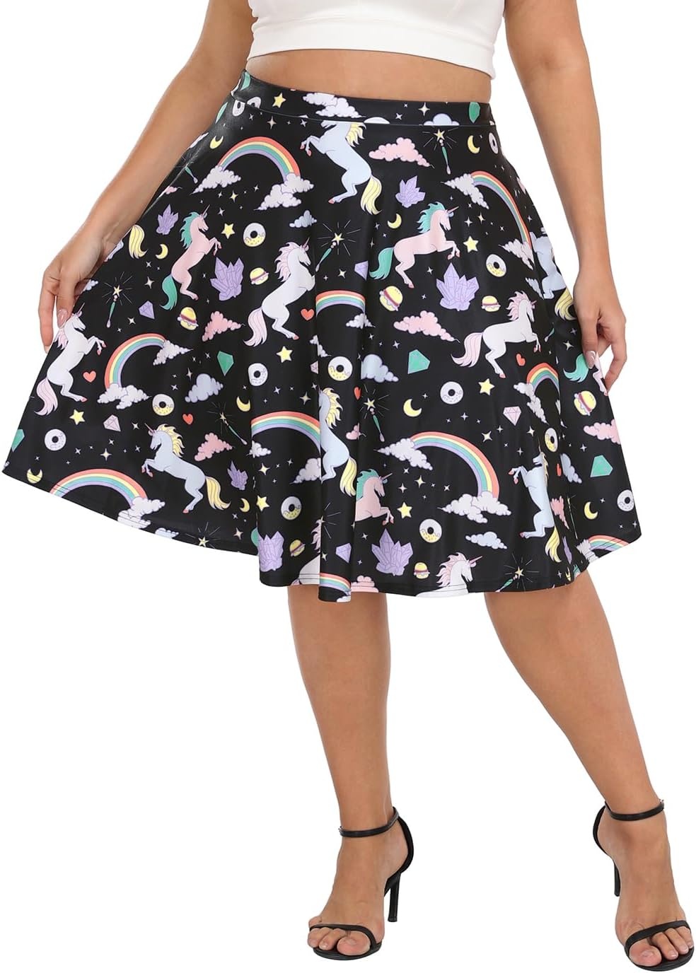 image:imageHDE Womens Plus Size Midi Skater Skirt High Waist Knee Length Skirt with PocketsUnicorns and Rainbows