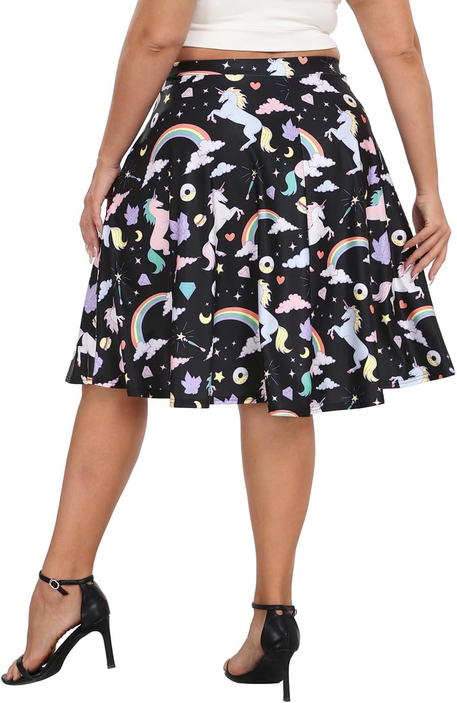 image:imageHDE Womens Plus Size Midi Skater Skirt High Waist Knee Length Skirt with PocketsUnicorns and Rainbows