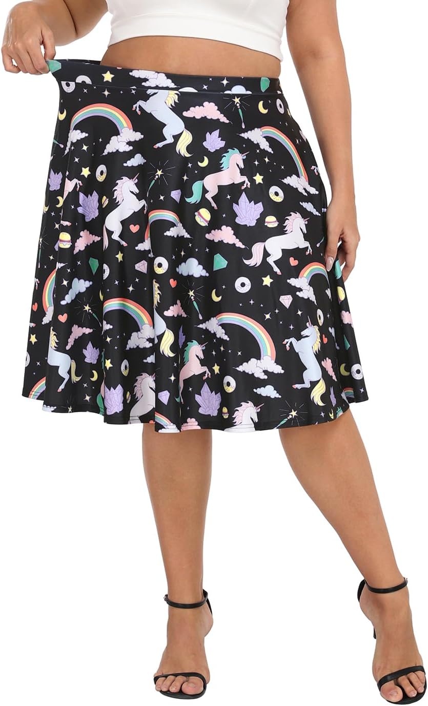 image:imageHDE Womens Plus Size Midi Skater Skirt High Waist Knee Length Skirt with PocketsUnicorns and Rainbows