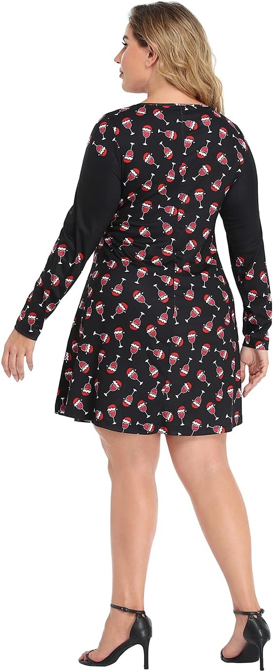 image:imageHDE Womens Plus Size Party Dress Ugly Christmas Sweater Long Sleeve Above Knee Skater Dress Fun Holiday Xmas Swing TunicDear Santa Bring Wine