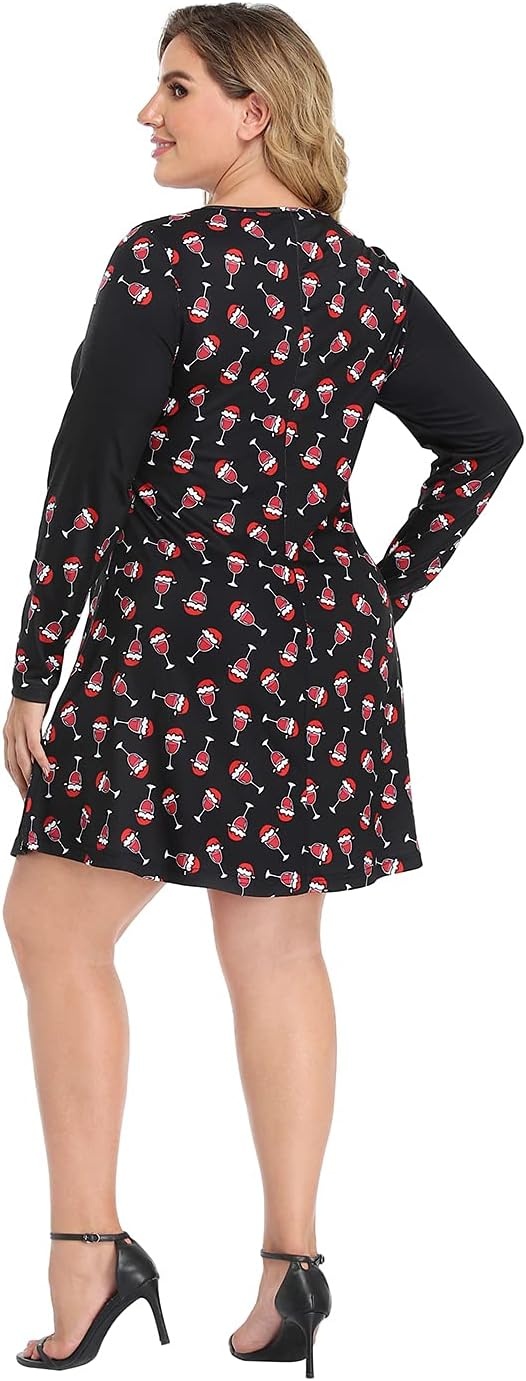 image:imageHDE Womens Plus Size Party Dress Ugly Christmas Sweater Long Sleeve Above Knee Skater Dress Fun Holiday Xmas Swing TunicDear Santa Bring Wine
