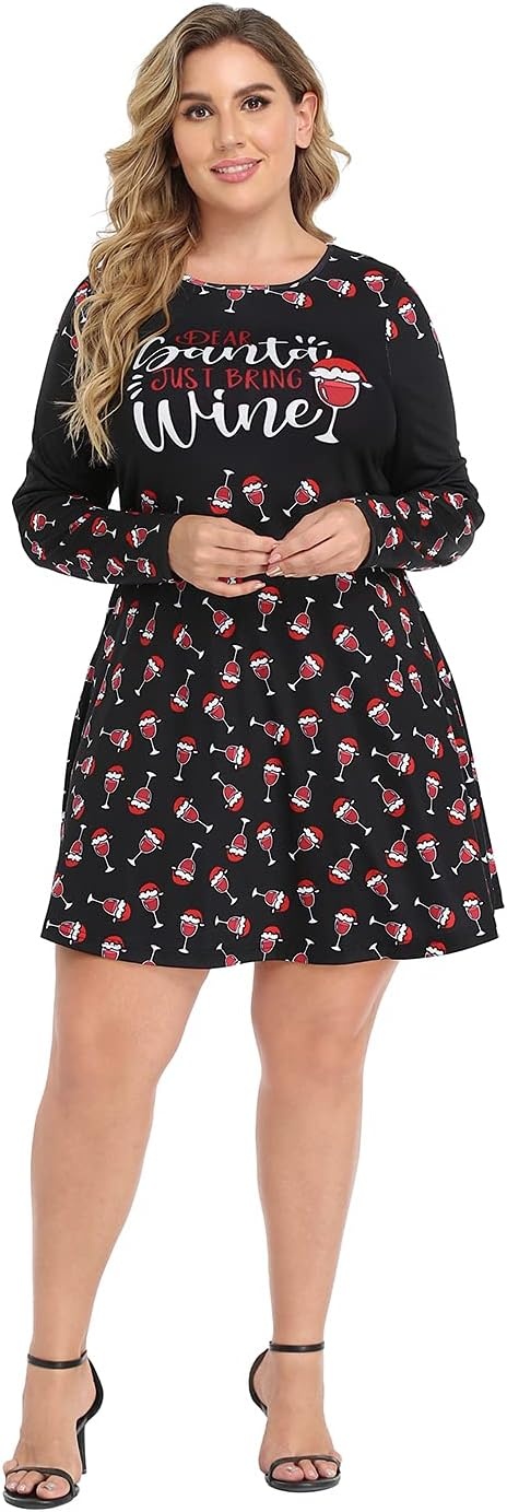 image:imageHDE Womens Plus Size Party Dress Ugly Christmas Sweater Long Sleeve Above Knee Skater Dress Fun Holiday Xmas Swing TunicDear Santa Bring Wine