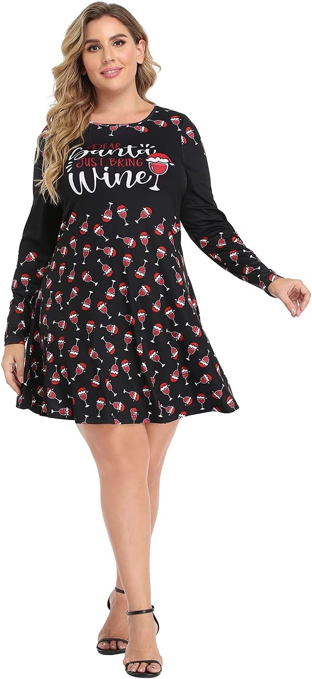 image:imageHDE Womens Plus Size Party Dress Ugly Christmas Sweater Long Sleeve Above Knee Skater Dress Fun Holiday Xmas Swing TunicDear Santa Bring Wine