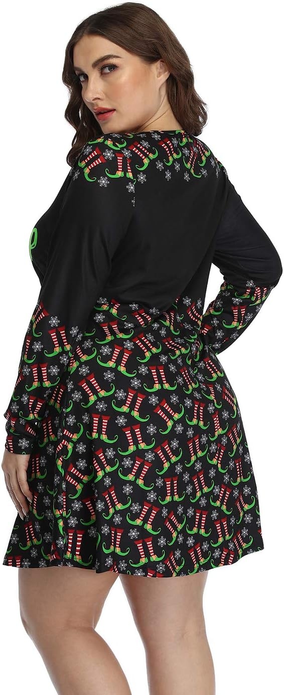 image:imageHDE Womens Plus Size Party Dress Ugly Christmas Sweater Long Sleeve Above Knee Skater Dress Fun Holiday Xmas Swing TunicElfed Up