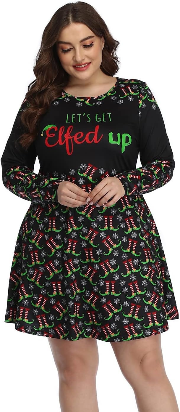 image:imageHDE Womens Plus Size Party Dress Ugly Christmas Sweater Long Sleeve Above Knee Skater Dress Fun Holiday Xmas Swing TunicElfed Up