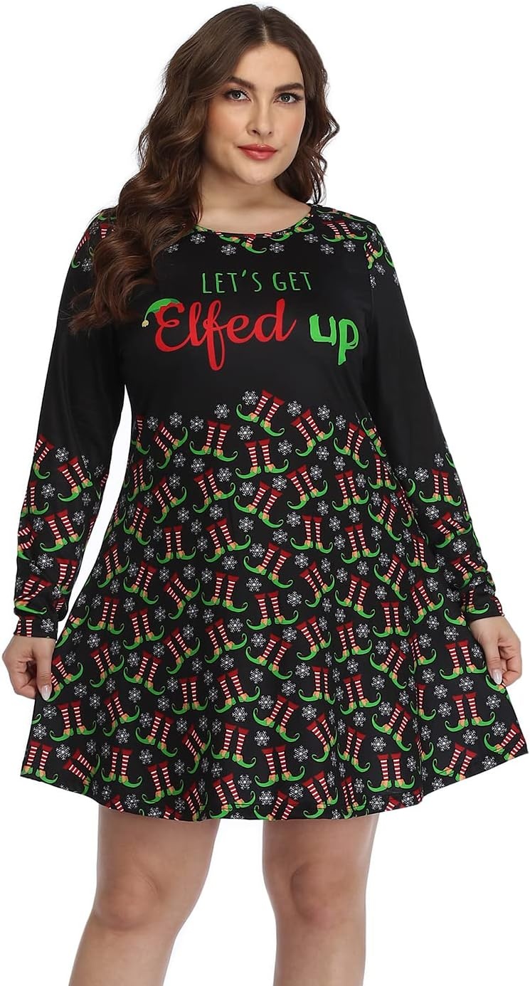 image:imageHDE Womens Plus Size Party Dress Ugly Christmas Sweater Long Sleeve Above Knee Skater Dress Fun Holiday Xmas Swing TunicElfed Up