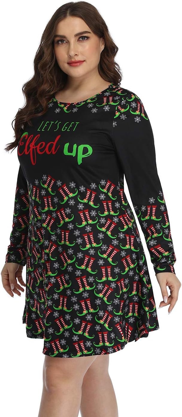image:imageHDE Womens Plus Size Party Dress Ugly Christmas Sweater Long Sleeve Above Knee Skater Dress Fun Holiday Xmas Swing TunicElfed Up