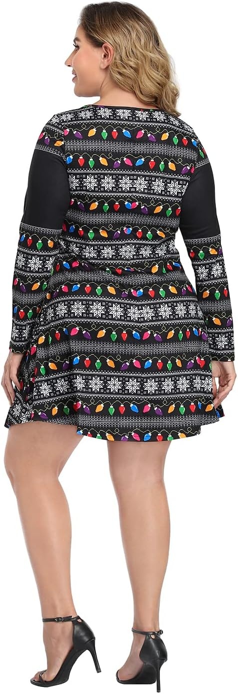 image:imageHDE Womens Plus Size Party Dress Ugly Christmas Sweater Long Sleeve Above Knee Skater Dress Fun Holiday Xmas Swing TunicGet Lit