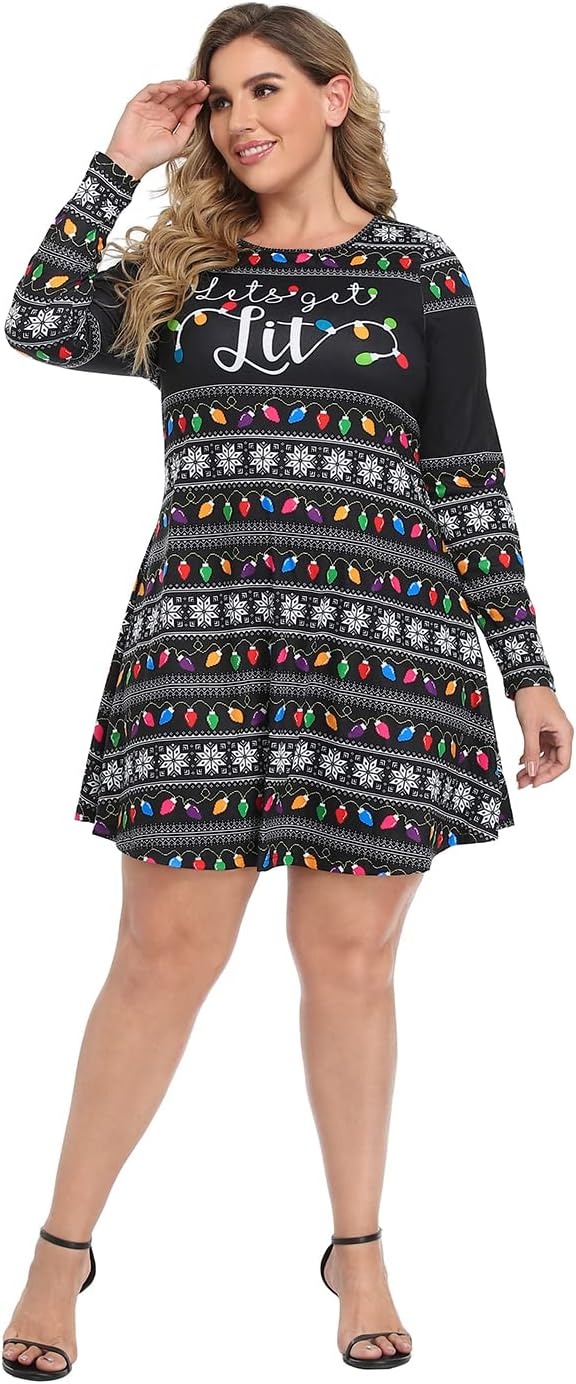 image:imageHDE Womens Plus Size Party Dress Ugly Christmas Sweater Long Sleeve Above Knee Skater Dress Fun Holiday Xmas Swing TunicGet Lit