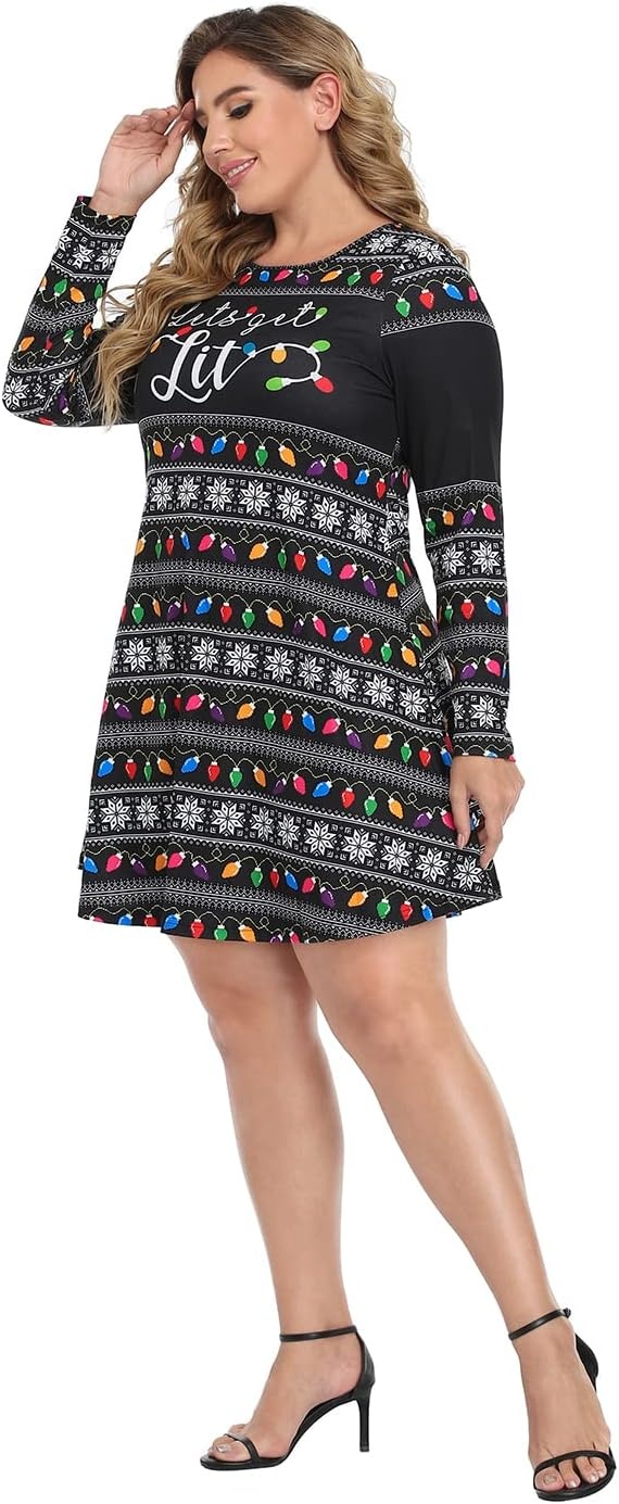 image:imageHDE Womens Plus Size Party Dress Ugly Christmas Sweater Long Sleeve Above Knee Skater Dress Fun Holiday Xmas Swing TunicGet Lit