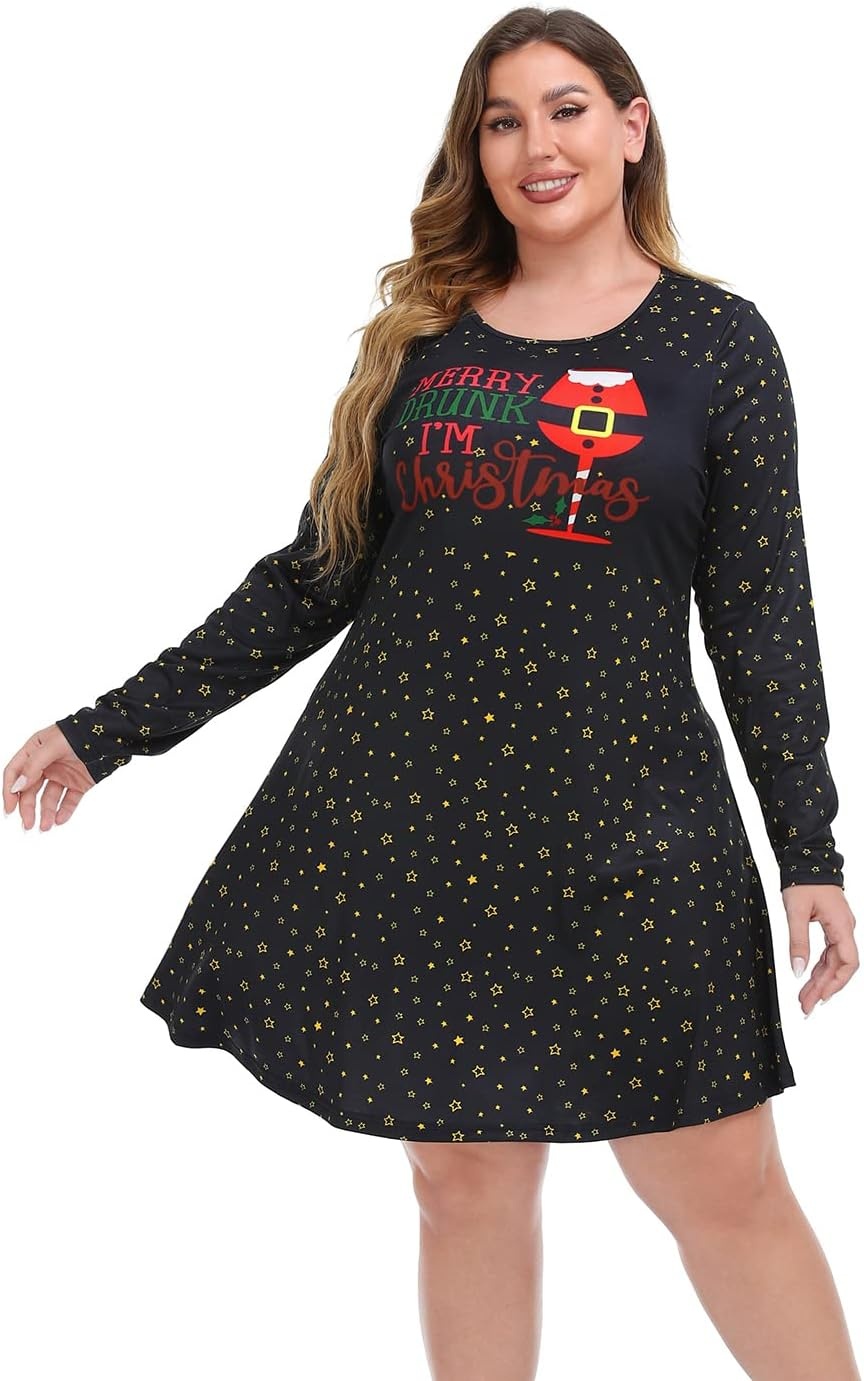 image:imageHDE Womens Plus Size Party Dress Ugly Christmas Sweater Long Sleeve Above Knee Skater Dress Fun Holiday Xmas Swing TunicMerry Drunk Im Christmas