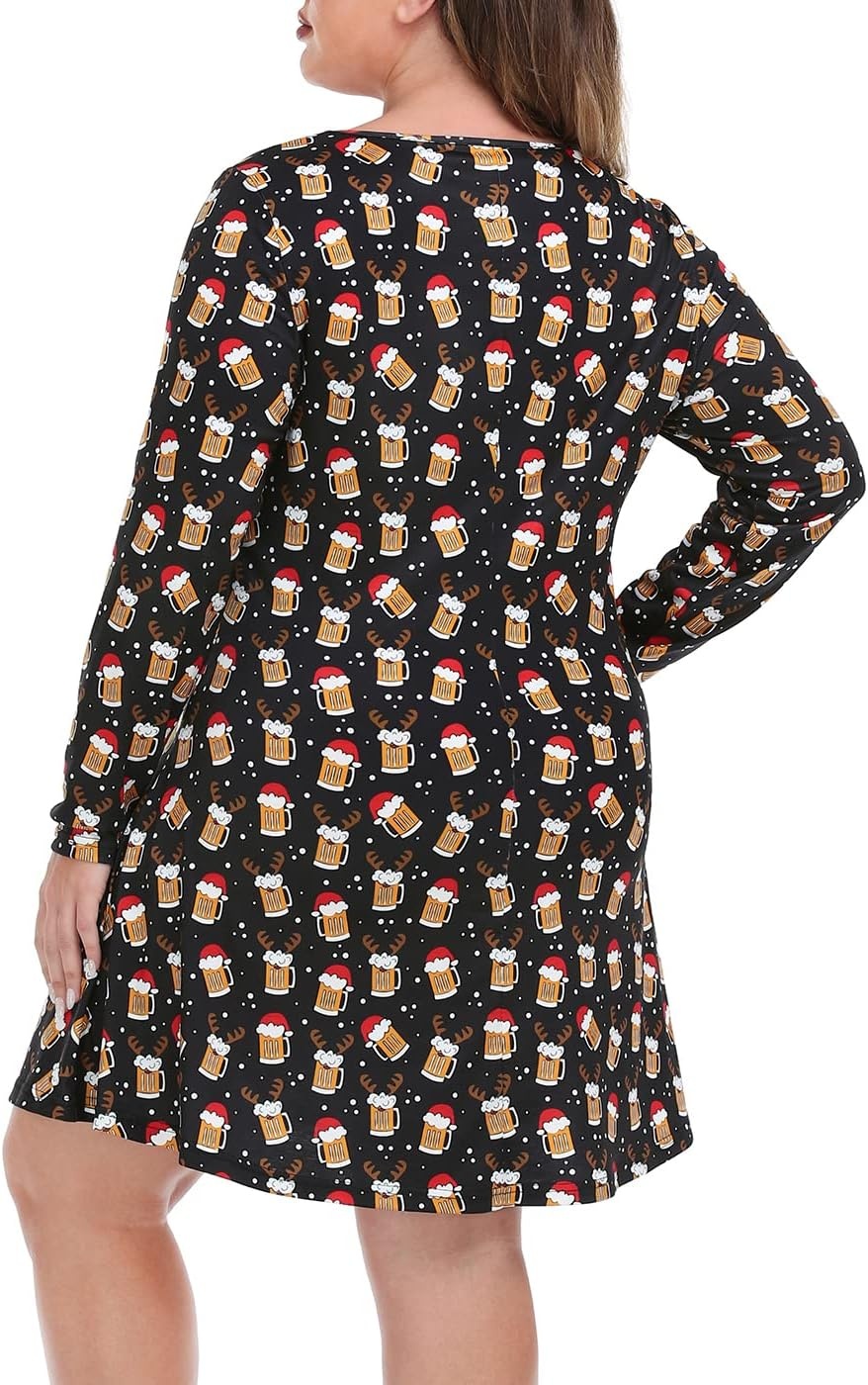 image:imageHDE Womens Plus Size Party Dress Ugly Christmas Sweater Long Sleeve Above Knee Skater Dress Fun Holiday Xmas Swing TunicReinbeer