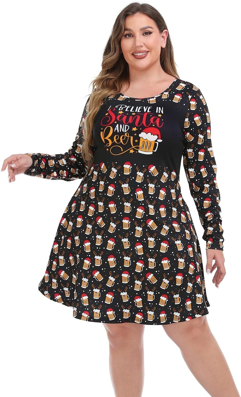 image:imageHDE Womens Plus Size Party Dress Ugly Christmas Sweater Long Sleeve Above Knee Skater Dress Fun Holiday Xmas Swing TunicReinbeer