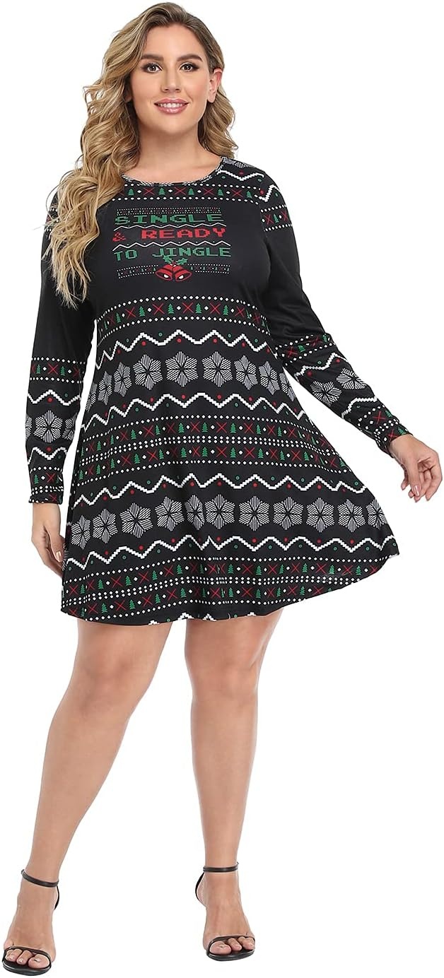 image:imageHDE Womens Plus Size Party Dress Ugly Christmas Sweater Long Sleeve Above Knee Skater Dress Fun Holiday Xmas Swing TunicSingle Ready to Jingle