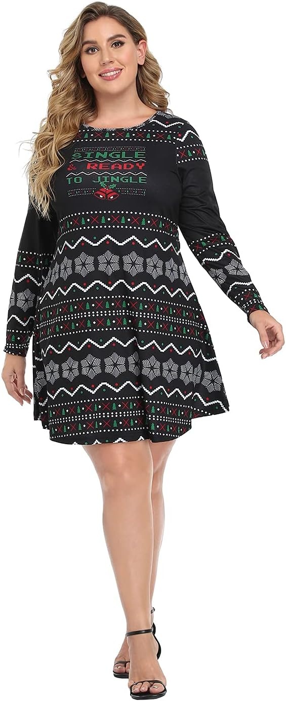 image:imageHDE Womens Plus Size Party Dress Ugly Christmas Sweater Long Sleeve Above Knee Skater Dress Fun Holiday Xmas Swing TunicSingle Ready to Jingle