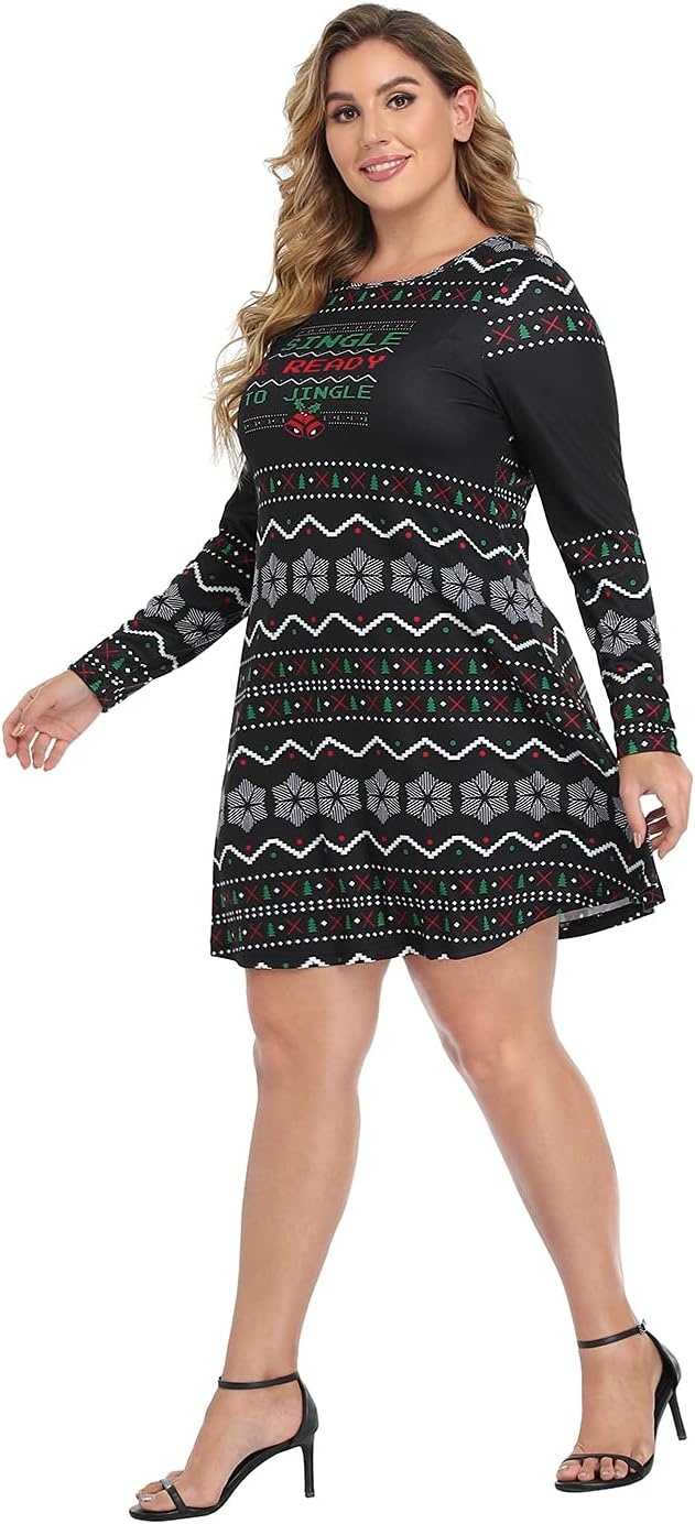 image:imageHDE Womens Plus Size Party Dress Ugly Christmas Sweater Long Sleeve Above Knee Skater Dress Fun Holiday Xmas Swing TunicSingle Ready to Jingle