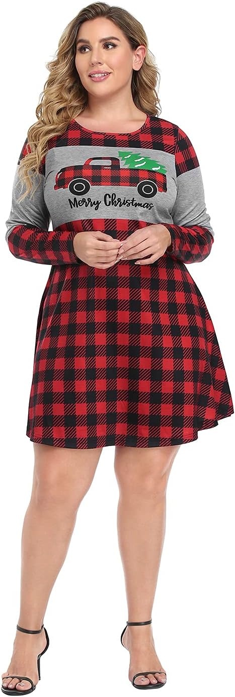 image:imageHDE Womens Plus Size Party Dress Ugly Christmas Sweater Long Sleeve Above Knee Skater Dress Fun Holiday Xmas Swing TunicXmas Truck