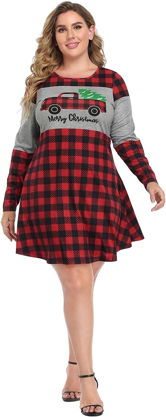 image:imageHDE Womens Plus Size Party Dress Ugly Christmas Sweater Long Sleeve Above Knee Skater Dress Fun Holiday Xmas Swing TunicXmas Truck