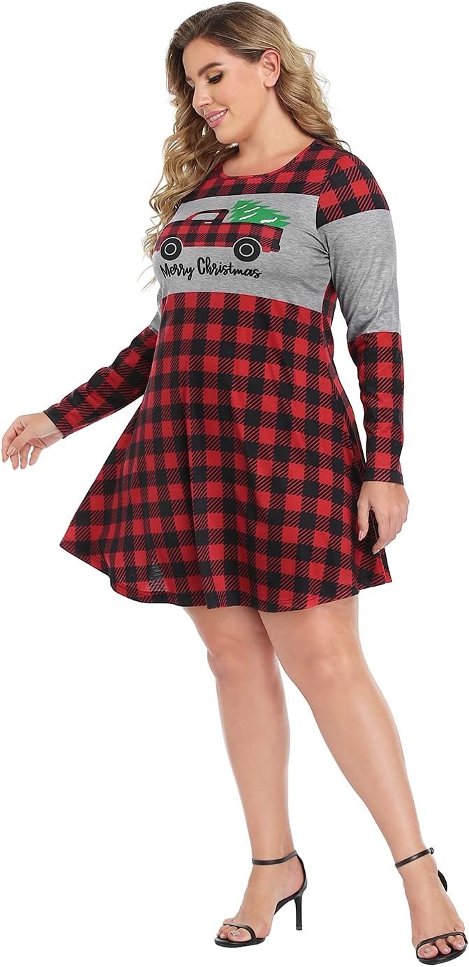 image:imageHDE Womens Plus Size Party Dress Ugly Christmas Sweater Long Sleeve Above Knee Skater Dress Fun Holiday Xmas Swing TunicXmas Truck