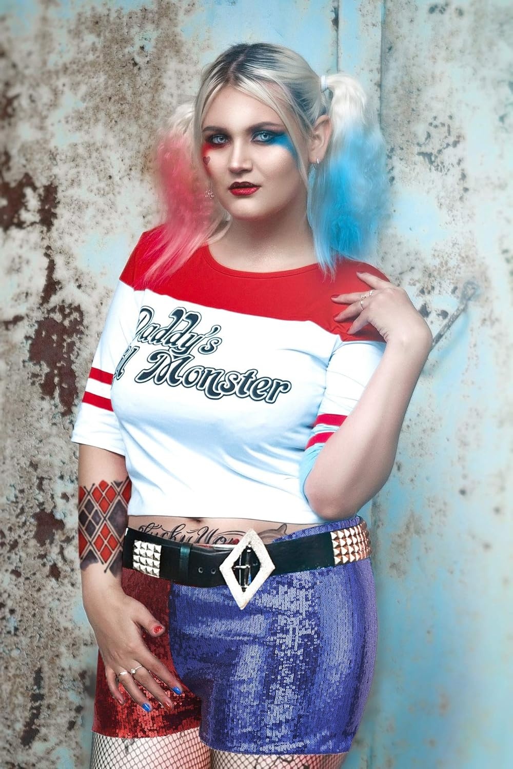 image:imageHDE Womens Plus Size Red Blue Sequin Shorts for Harley Misfit Halloween CostumeRed and Blue