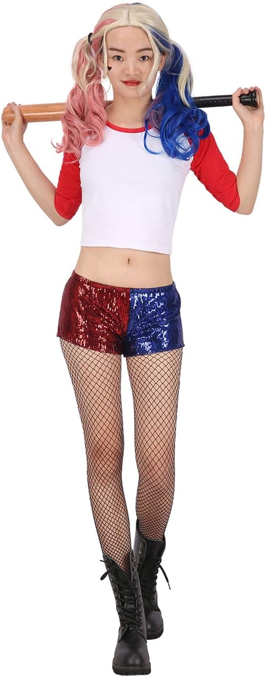 image:imageHDE Womens Plus Size Red Blue Sequin Shorts for Harley Misfit Halloween CostumeRed and Blue