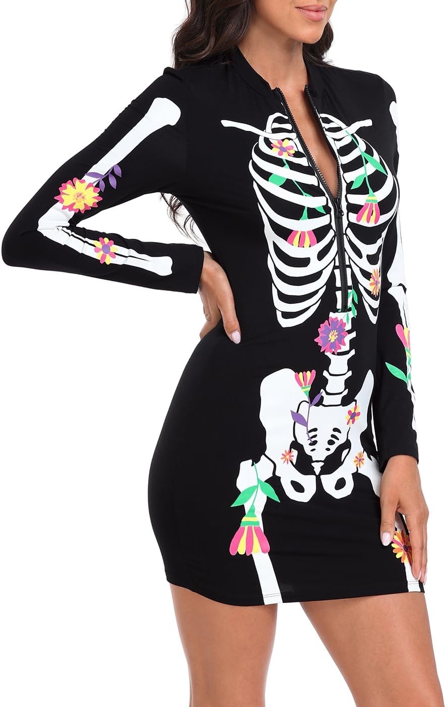 image:imageHDE Womens Skeleton Dress Spooky Long Sleeve Bones Mini Dress Halloween Party Costume Fitted Stretchy Bodycon with Half ZipDay of the Dead Floral