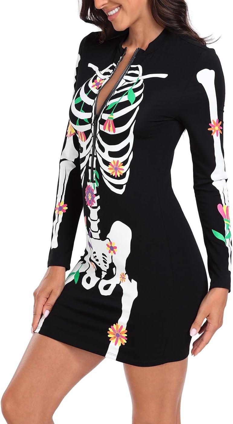 image:imageHDE Womens Skeleton Dress Spooky Long Sleeve Bones Mini Dress Halloween Party Costume Fitted Stretchy Bodycon with Half ZipDay of the Dead Floral