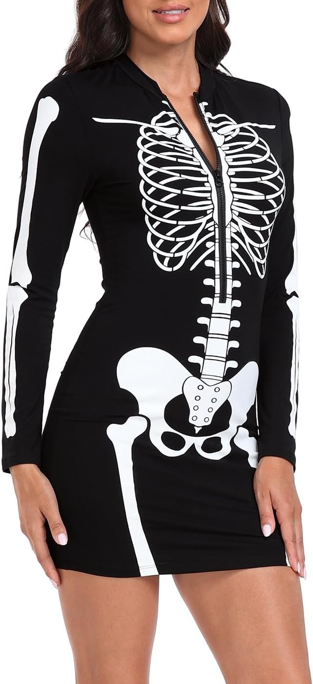 image:imageHDE Womens Skeleton Dress Spooky Long Sleeve Bones Mini Dress Halloween Party Costume Fitted Stretchy Bodycon with Half ZipFull Skeleton Front Back