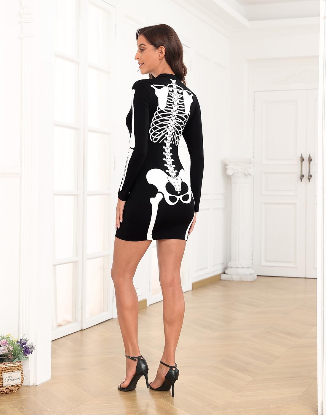 image:imageHDE Womens Skeleton Dress Spooky Long Sleeve Bones Mini Dress Halloween Party Costume Fitted Stretchy Bodycon with Half ZipFull Skeleton Front Back