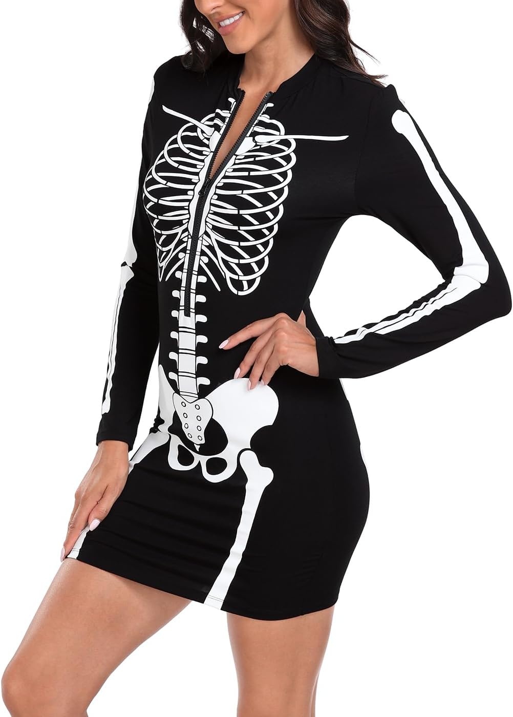 image:imageHDE Womens Skeleton Dress Spooky Long Sleeve Bones Mini Dress Halloween Party Costume Fitted Stretchy Bodycon with Half ZipFull Skeleton Front Back