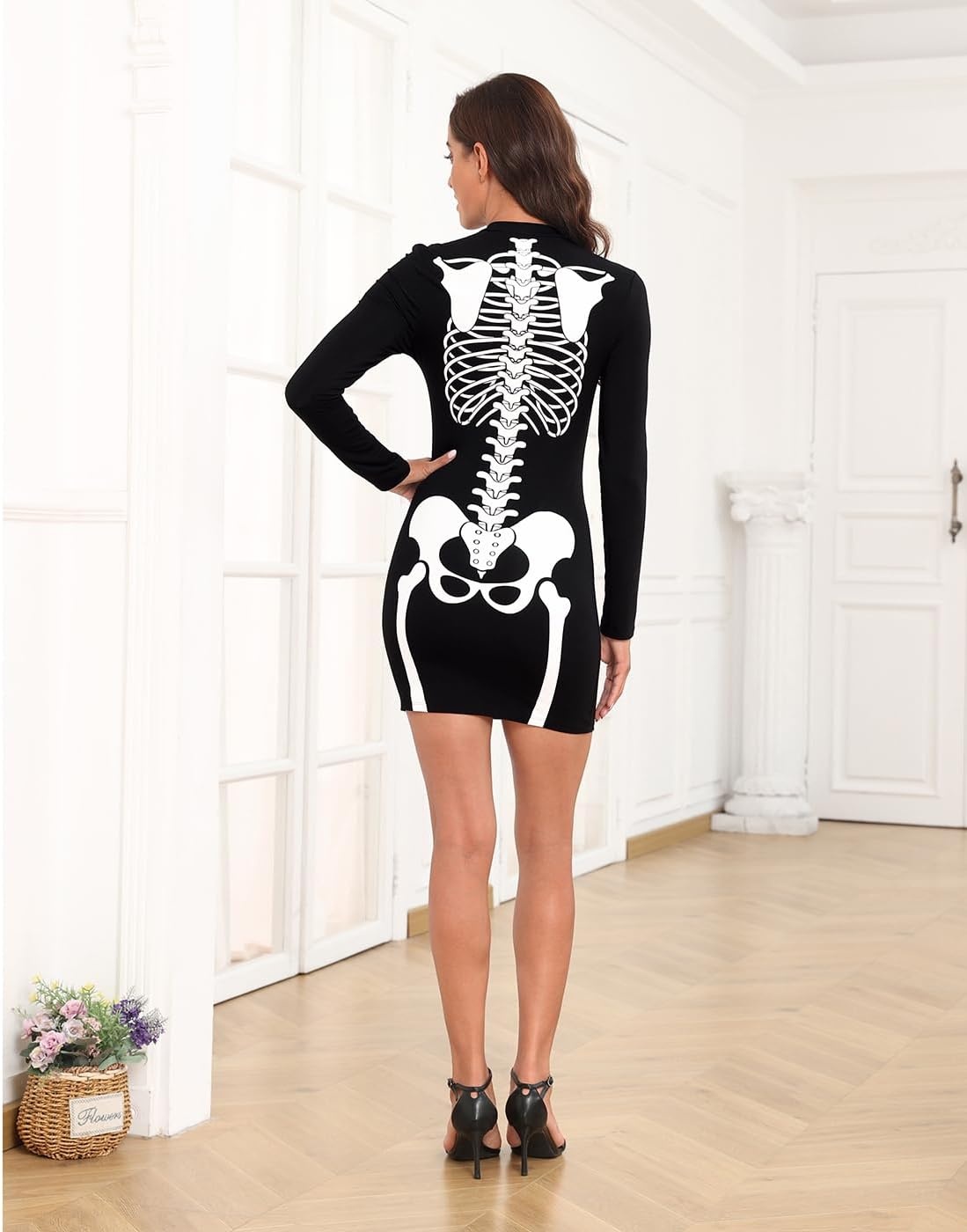 image:imageHDE Womens Skeleton Dress Spooky Long Sleeve Bones Mini Dress Halloween Party Costume Fitted Stretchy Bodycon with Half ZipFull Skeleton Front Back