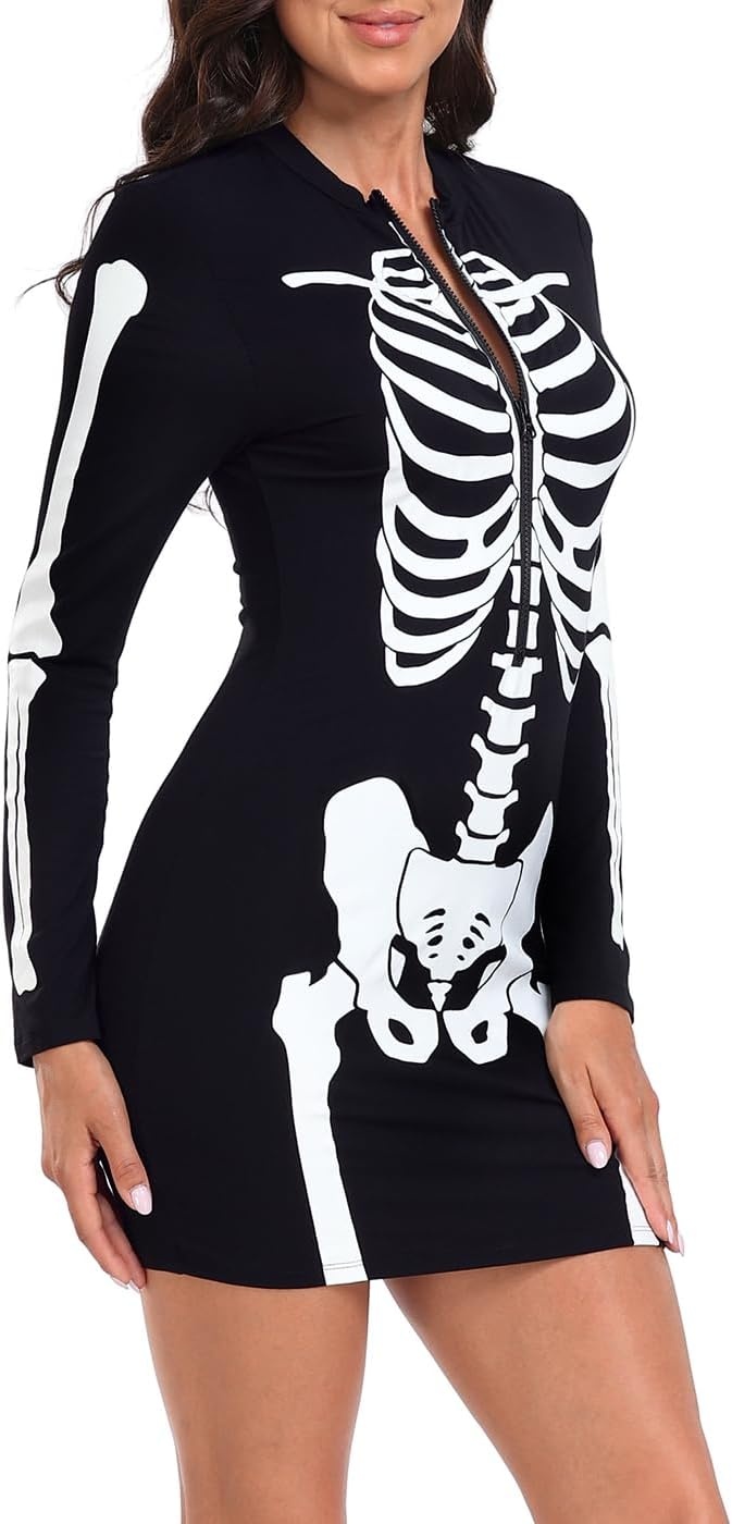 image:imageHDE Womens Skeleton Dress Spooky Long Sleeve Bones Mini Dress Halloween Party Costume Fitted Stretchy Bodycon with Half ZipGlow in Dark