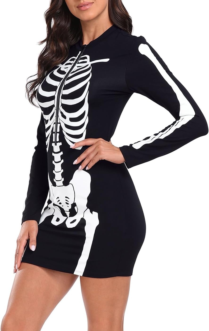 image:imageHDE Womens Skeleton Dress Spooky Long Sleeve Bones Mini Dress Halloween Party Costume Fitted Stretchy Bodycon with Half ZipGlow in Dark