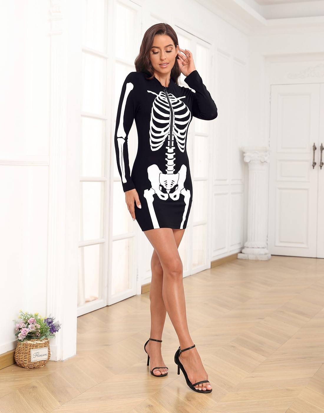 image:imageHDE Womens Skeleton Dress Spooky Long Sleeve Bones Mini Dress Halloween Party Costume Fitted Stretchy Bodycon with Half ZipGlow in Dark