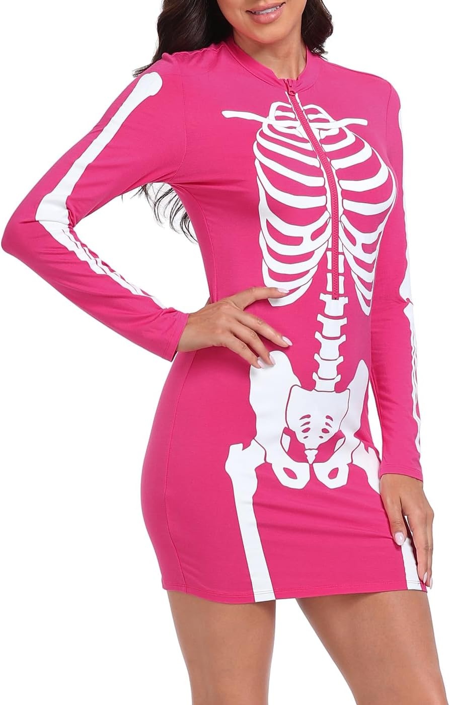 image:imageHDE Womens Skeleton Dress Spooky Long Sleeve Bones Mini Dress Halloween Party Costume Fitted Stretchy Bodycon with Half ZipHot Pink
