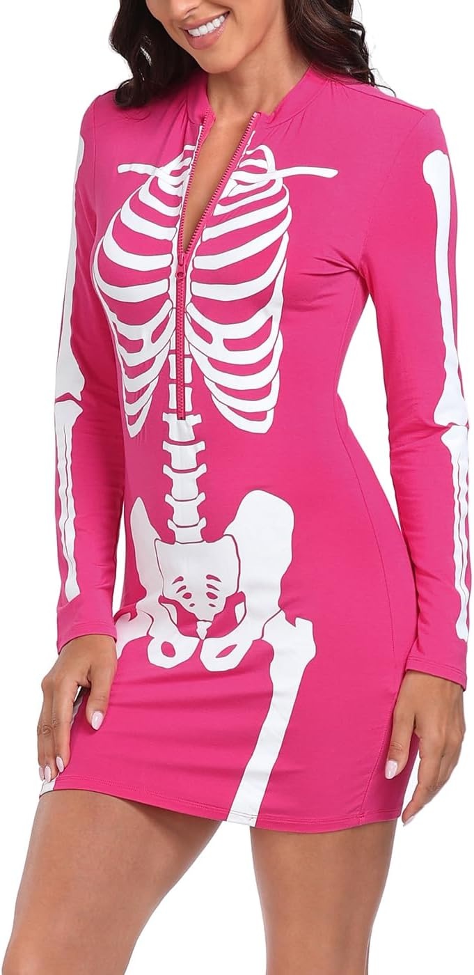 image:imageHDE Womens Skeleton Dress Spooky Long Sleeve Bones Mini Dress Halloween Party Costume Fitted Stretchy Bodycon with Half ZipHot Pink