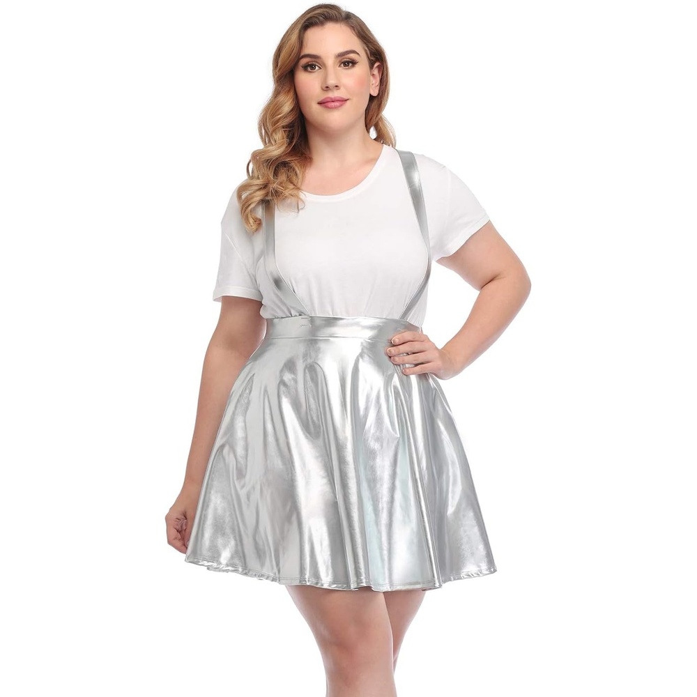image:imageHDE Plus Size Shiny Metallic Suspender Skirt High Waisted Rave SkirtSpace Silver