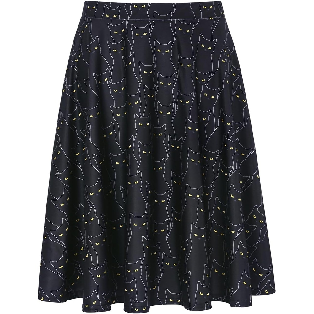 image:imageHDE Skirts for Women Midi Skirt Skater Skirt Knee Length High Waist Fun PrintsBlack Cats