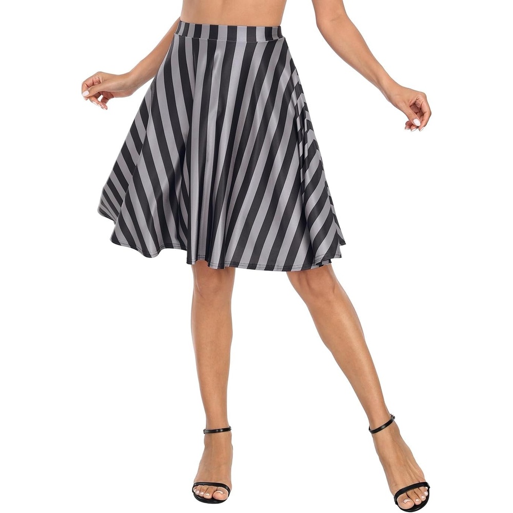 image:imageHDE Skirts for Women Midi Skirt Skater Skirt Knee Length High Waist Fun PrintsBlack and Gray Vertical Stripes