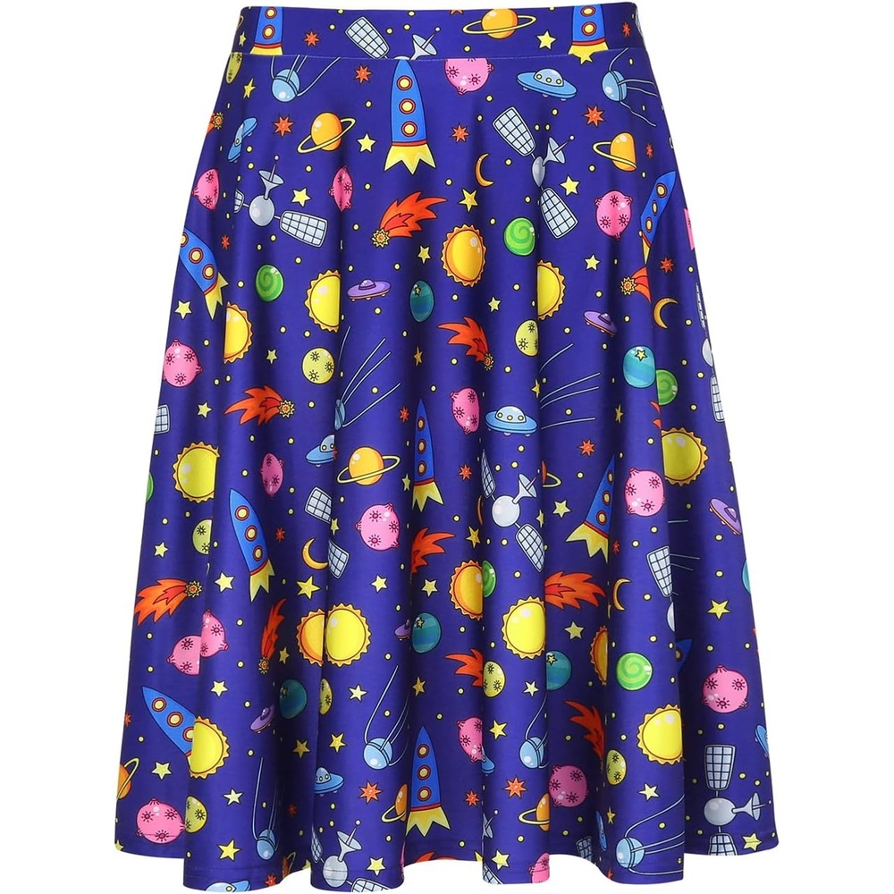 image:imageHDE Skirts for Women Midi Skirt Skater Skirt Knee Length High Waist Fun PrintsMagic Outer Space