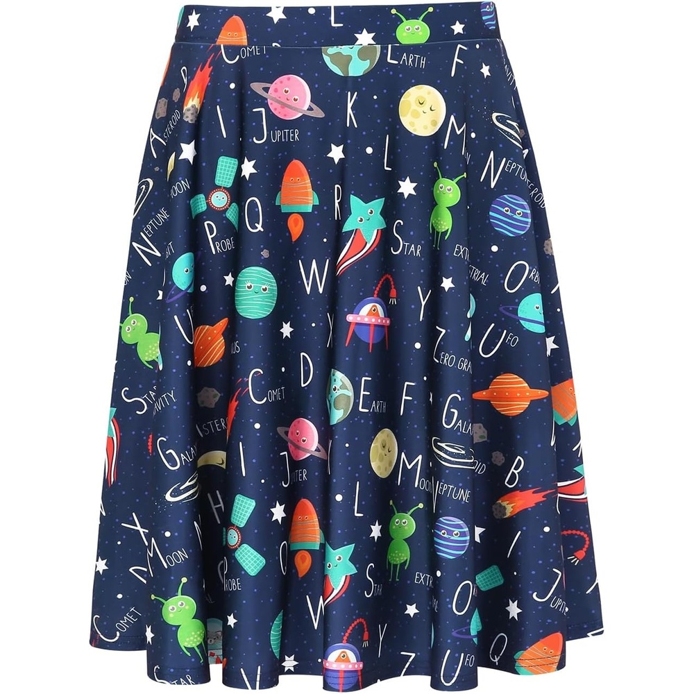 image:imageHDE Skirts for Women Midi Skirt Skater Skirt Knee Length High Waist Fun PrintsSpace Alphabet