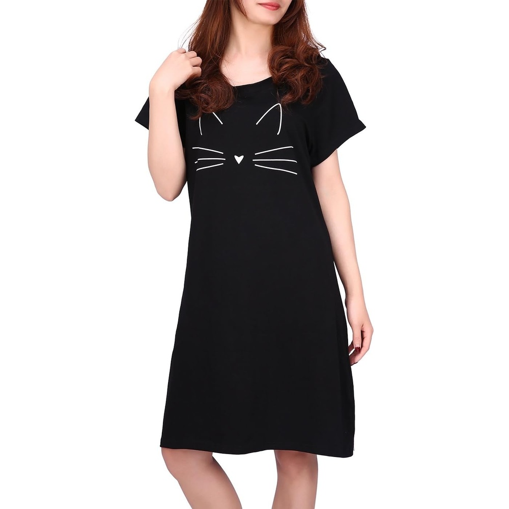 image:imageHDE Womens Cotton Sleepwear Nightgowns Short Sleeve Sleepshirt Print Night Shirt Loungewear Pajama Shirt Dress Plus Size S5XCute Cat