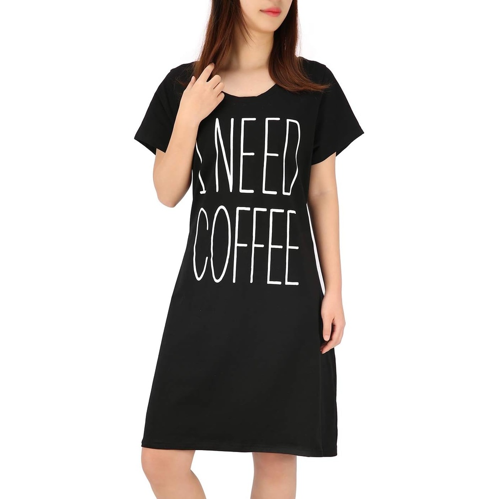 image:imageHDE Womens Cotton Sleepwear Nightgowns Short Sleeve Sleepshirt Print Night Shirt Loungewear Pajama Shirt Dress Plus Size S5XI Need Coffee Black