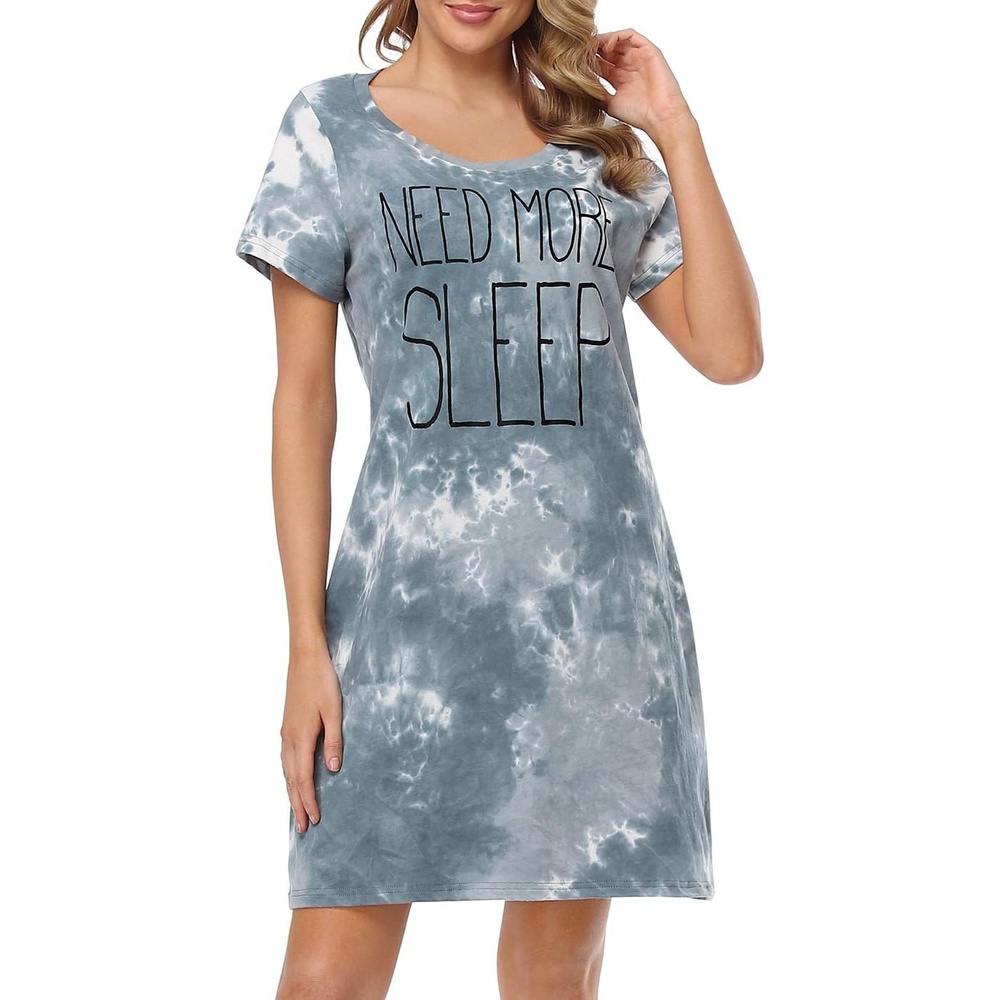 image:imageHDE Womens Cotton Sleepwear Nightgowns Short Sleeve Sleepshirt Print Night Shirt Loungewear Pajama Shirt Dress Plus Size S5XNeed More Sleep Tie Dye
