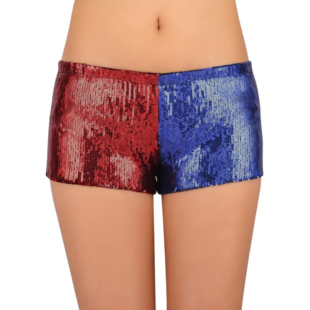 image:imageHDE Womens Metallic Sequin Booty Shorts for Harley Misfit Halloween CostumeRed and Blue