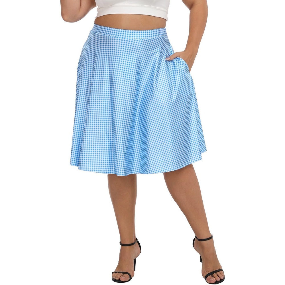 image:imageHDE Womens Plus Size Midi Skater Skirt High Waist Knee Length Skirt with PocketsBlue Gingham