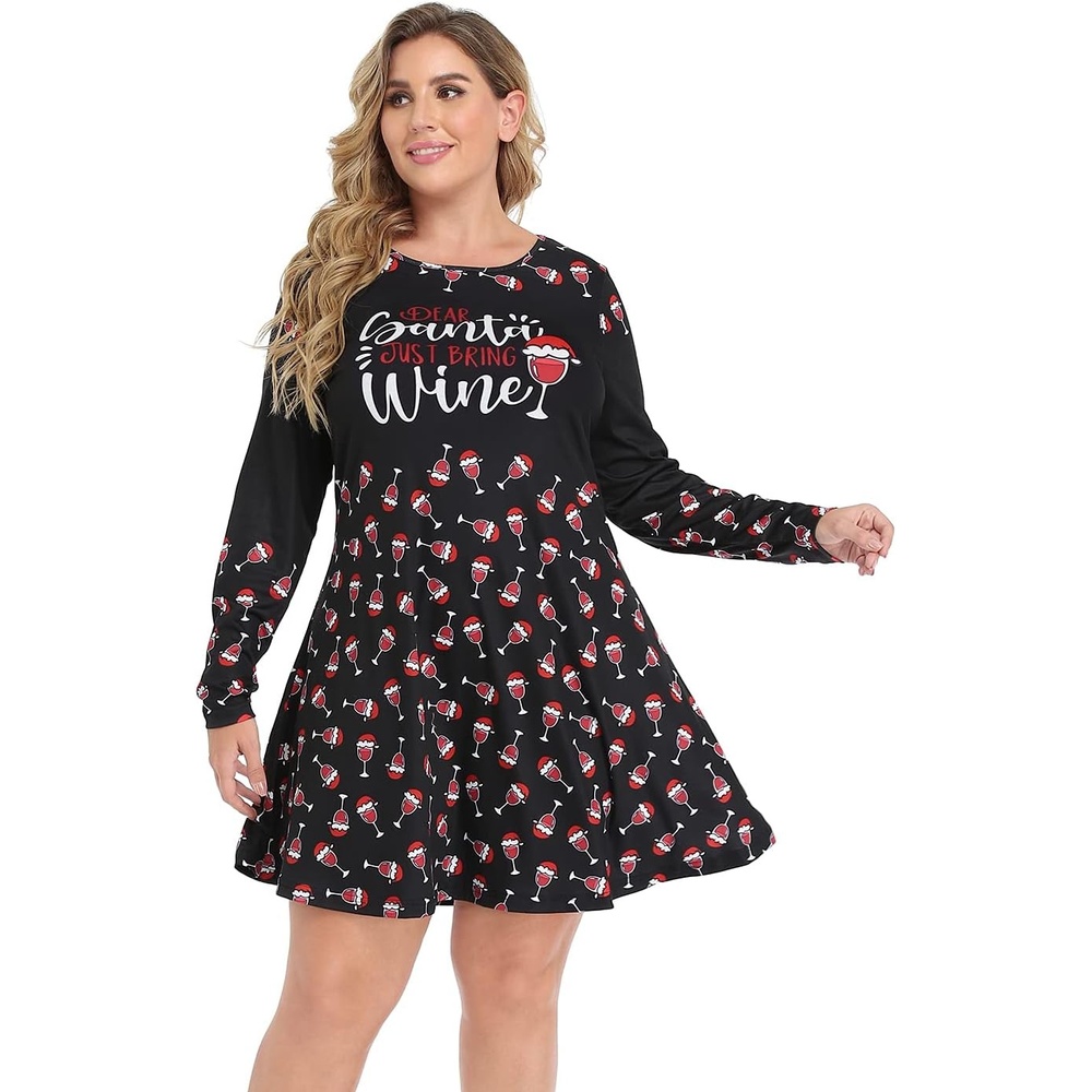 image:imageHDE Womens Plus Size Party Dress Ugly Christmas Sweater Long Sleeve Above Knee Skater Dress Fun Holiday Xmas Swing TunicDear Santa Bring Wine